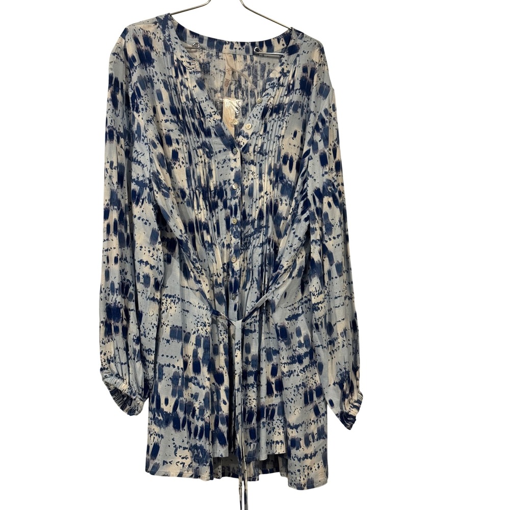 Melissa McCarthy Seven7 Blue Abstract Tie Dye Pleated Button Front Tunic Top 1X